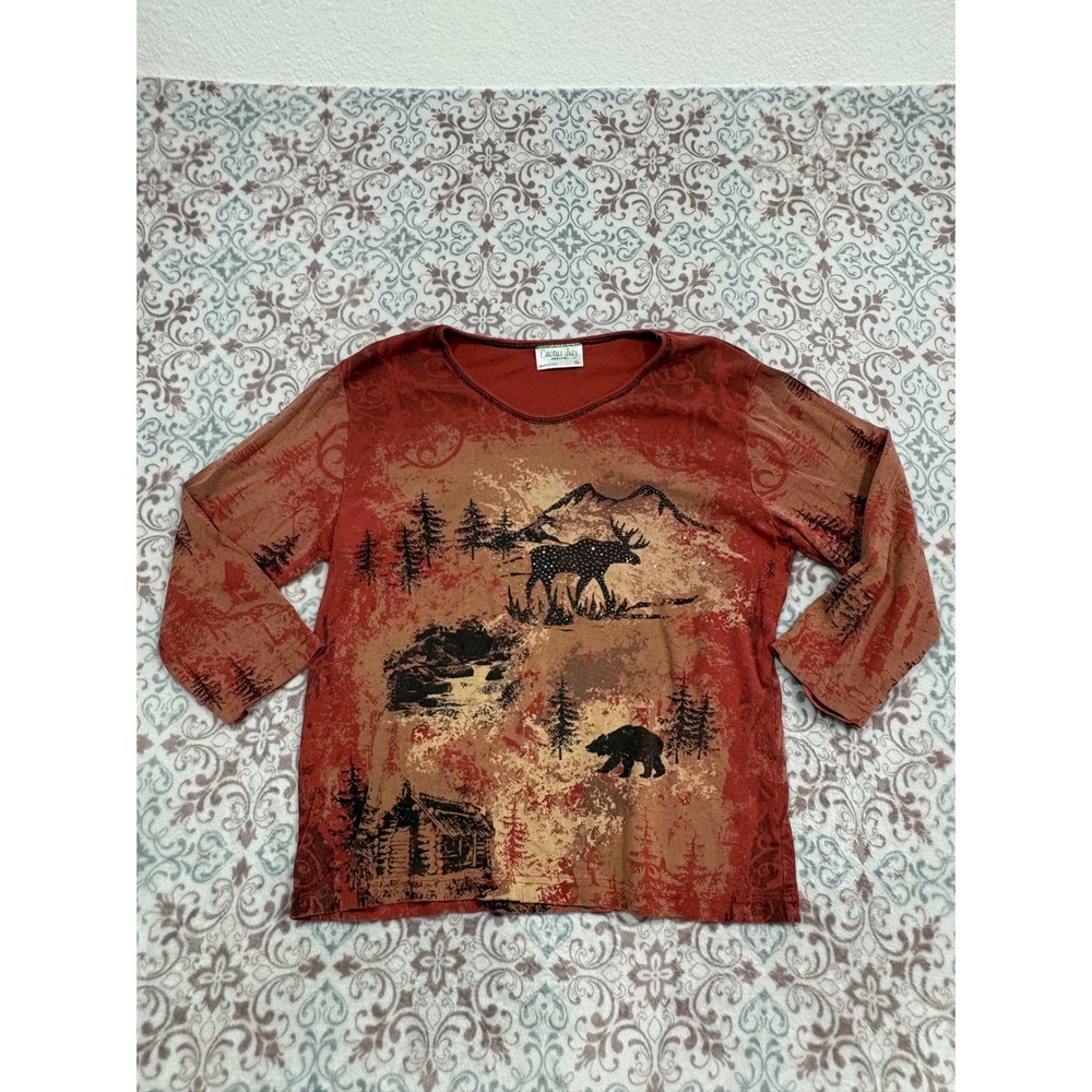 Cactus Bay Apparel Womens XL Red Wilderness Moose Bear Cabin Rhinestone Top USA